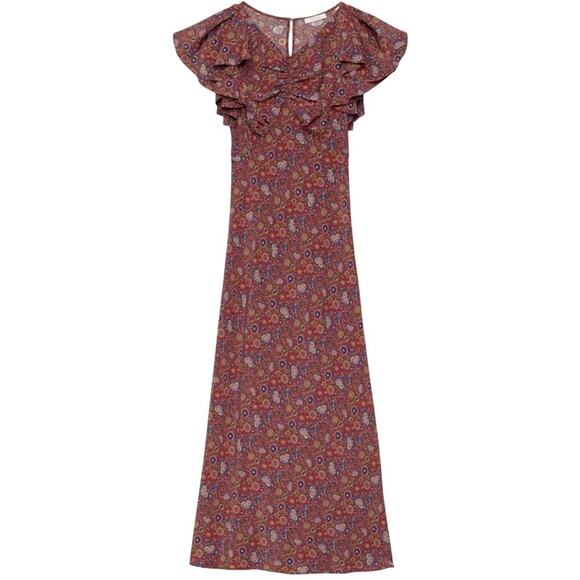 NWT Doen Beatriz Silk Ruffle Short Sleeve Maxi Dress Rouge Adaline Medallian - Picture 9 of 11